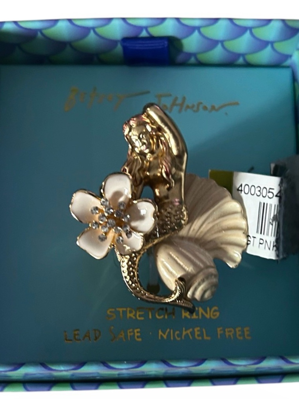 Betsey Johnson Gold Floral Mermaid Stretch Ring with Cream Enamel Flower